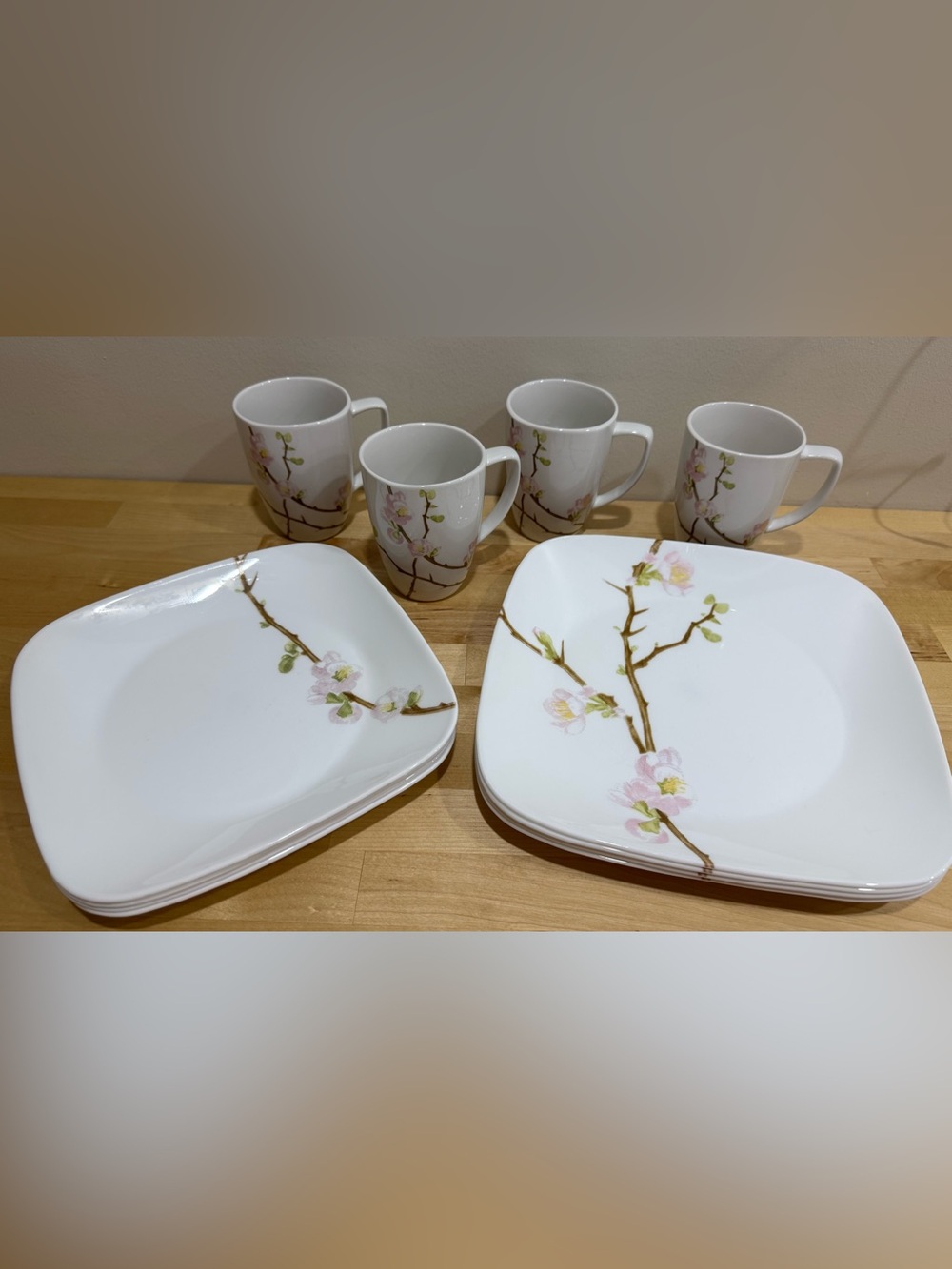 Corelle Cherry Blossom Dinnerware Set - 4 Mugs & 8 Plates, 4 dinner/4 salad size